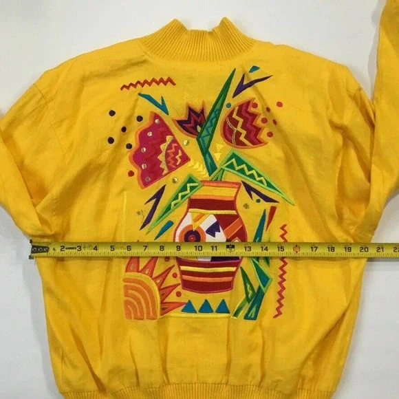 Vintage Floral Embroidered Jacket L Yellow Art to Wear Southwestern Flower - Picture 7 of 10